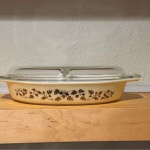 Pyrex Cream and Brown Divided Dish with Glass Lid